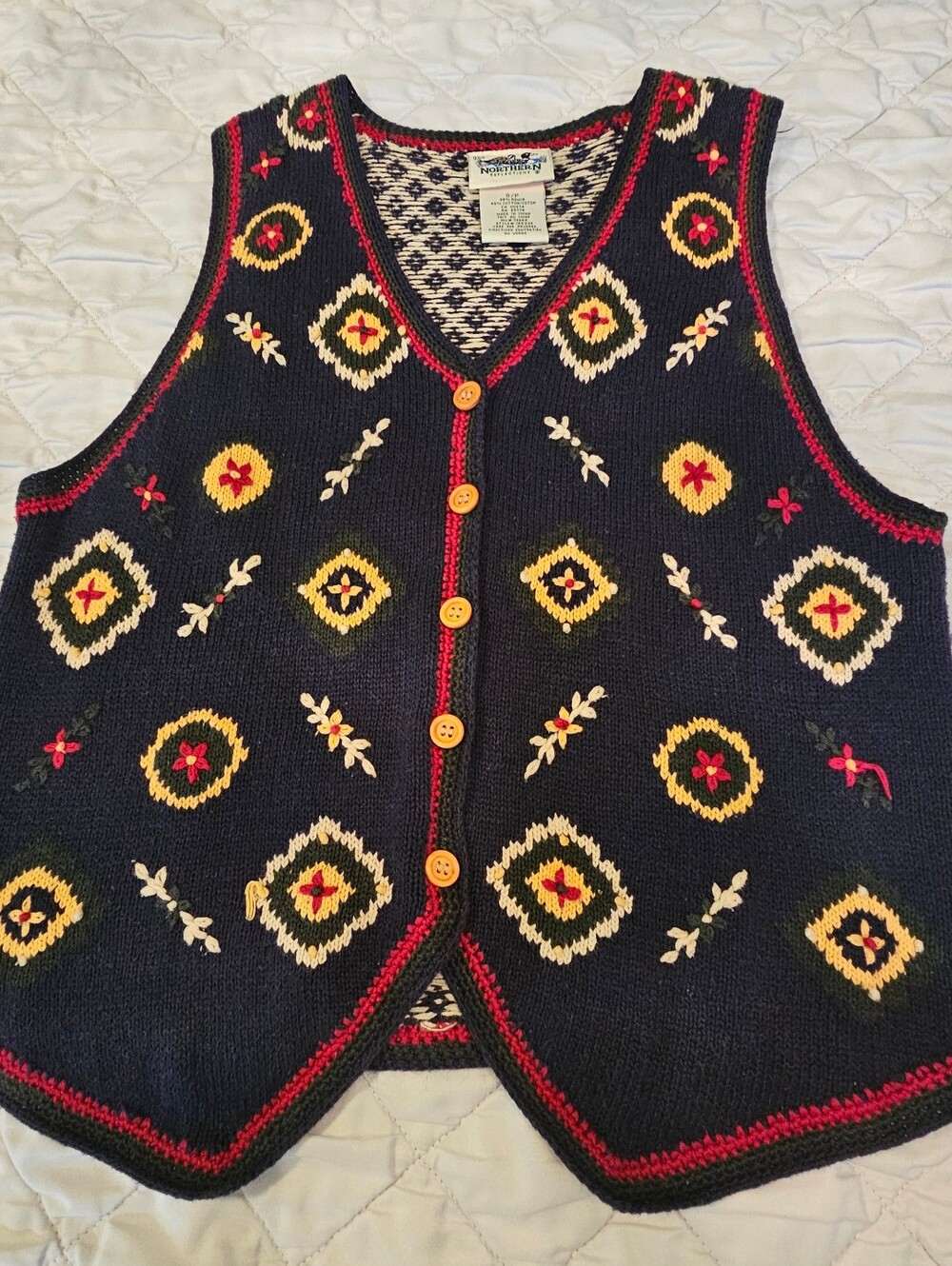 Vintage Navy Embroidered Button-Up Vest with Yellow & Red Accents Sz S/P